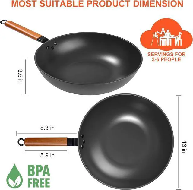 Alt view image 3 of 7 - Wok Pan with Lid - 13" Nonstick Wok, Carbon Steel Woks & Stir-Fry Pans with Cookwares, Flat Bottom Chinese wok for Electric, Induction and Gas Stoves