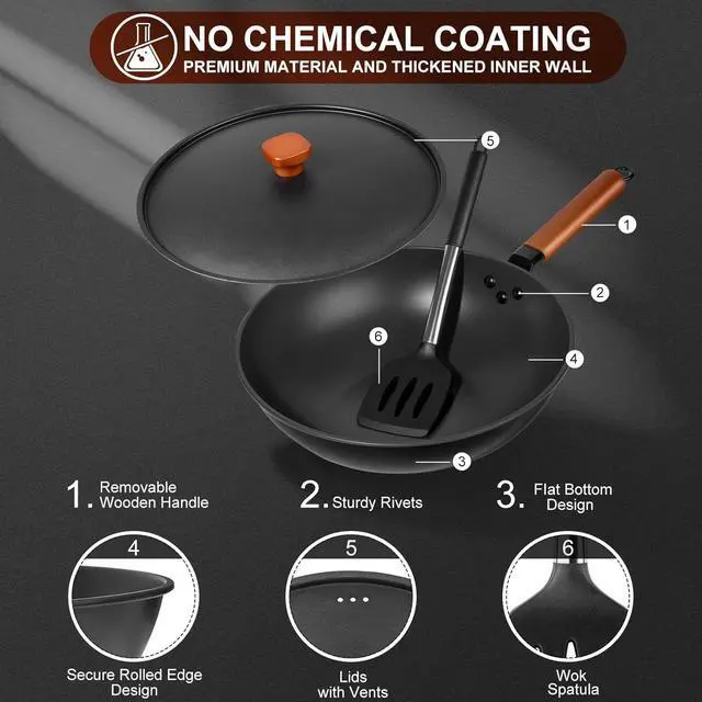 Alt view image 4 of 7 - Wok Pan with Lid - 13" Nonstick Wok, Carbon Steel Woks & Stir-Fry Pans with Cookwares, Flat Bottom Chinese wok for Electric, Induction and Gas Stoves