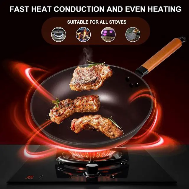 Alt view image 5 of 7 - Wok Pan with Lid - 13" Nonstick Wok, Carbon Steel Woks & Stir-Fry Pans with Cookwares, Flat Bottom Chinese wok for Electric, Induction and Gas Stoves