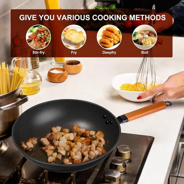 Alt view image 6 of 7 - Wok Pan with Lid - 13" Nonstick Wok, Carbon Steel Woks & Stir-Fry Pans with Cookwares, Flat Bottom Chinese wok for Electric, Induction and Gas Stoves