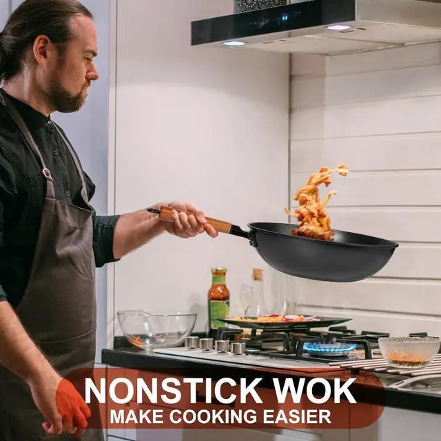 Alt view image 7 of 7 - Wok Pan with Lid - 13" Nonstick Wok, Carbon Steel Woks & Stir-Fry Pans with Cookwares, Flat Bottom Chinese wok for Electric, Induction and Gas Stoves