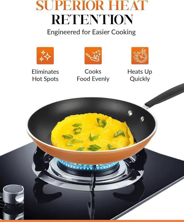 Alt view image 6 of 7 - GOTHAM STEEL Copper Cast Frying Pan Set, 3 Piece Nonstick Copper Fry Pans, 8, 10 & 12 Nonstick Frying Pans, Nonstick Skillet Set, Omelet Pan, Cookware, PFOA Free, Dishwasher Safe Cool Touch Handle