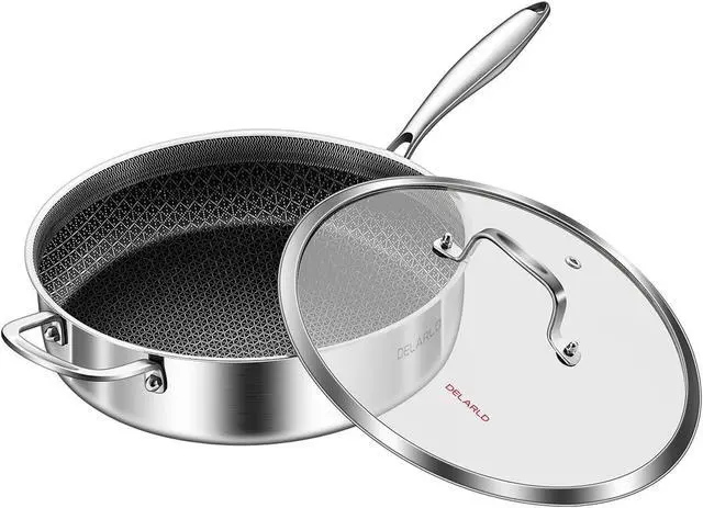 Main image of DELARLO Tri-Ply Stainless Steel 12 Inch Deep Frying Pan with lid 6QT Saute Pan Nonstick, Induction Compatible Chef Cooking Pan, Large Pan Dishwasher & Oven Safe
