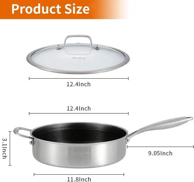 Alt view image 3 of 6 - DELARLO Tri-Ply Stainless Steel 12 Inch Deep Frying Pan with lid 6QT Saute Pan Nonstick, Induction Compatible Chef Cooking Pan, Large Pan Dishwasher & Oven Safe