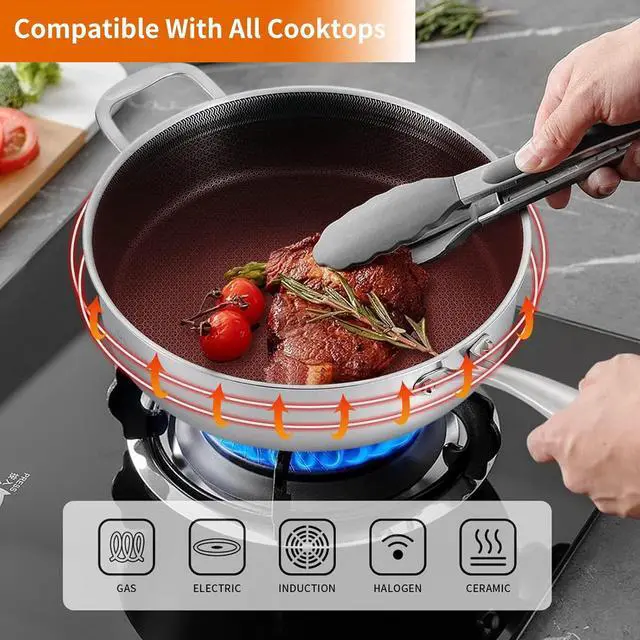 Alt view image 4 of 6 - DELARLO Tri-Ply Stainless Steel 12 Inch Deep Frying Pan with lid 6QT Saute Pan Nonstick, Induction Compatible Chef Cooking Pan, Large Pan Dishwasher & Oven Safe