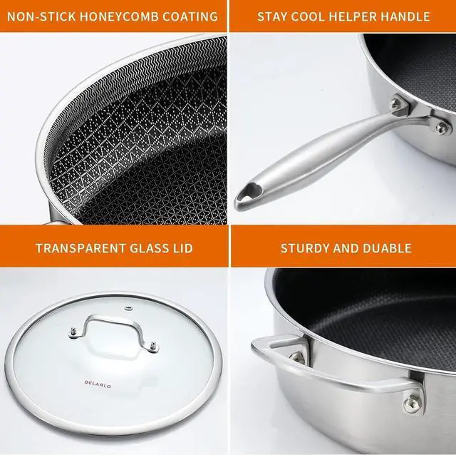 Alt view image 5 of 6 - DELARLO Tri-Ply Stainless Steel 12 Inch Deep Frying Pan with lid 6QT Saute Pan Nonstick, Induction Compatible Chef Cooking Pan, Large Pan Dishwasher & Oven Safe