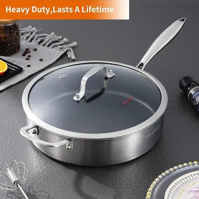 Alt view image 6 of 6 - DELARLO Tri-Ply Stainless Steel 12 Inch Deep Frying Pan with lid 6QT Saute Pan Nonstick, Induction Compatible Chef Cooking Pan, Large Pan Dishwasher & Oven Safe
