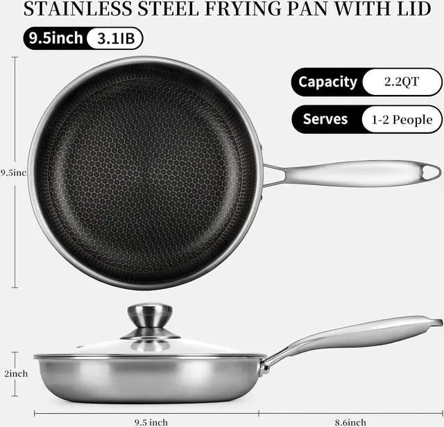 Alt view image 2 of 7 - Stainless Steel Frying Pan with Lid - 9.5 Inch Nonstick Frying Pan with Lid, Honeycomb Stainless Steel Skillet Omelet Chef's Pan with Stay Cool Handle, Induction Compatible, PFOA Free