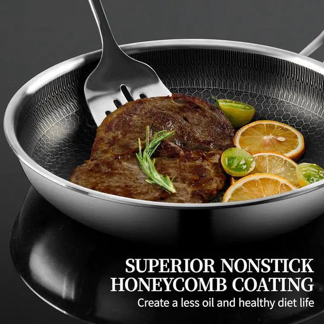 Alt view image 3 of 7 - Stainless Steel Frying Pan with Lid - 9.5 Inch Nonstick Frying Pan with Lid, Honeycomb Stainless Steel Skillet Omelet Chef's Pan with Stay Cool Handle, Induction Compatible, PFOA Free