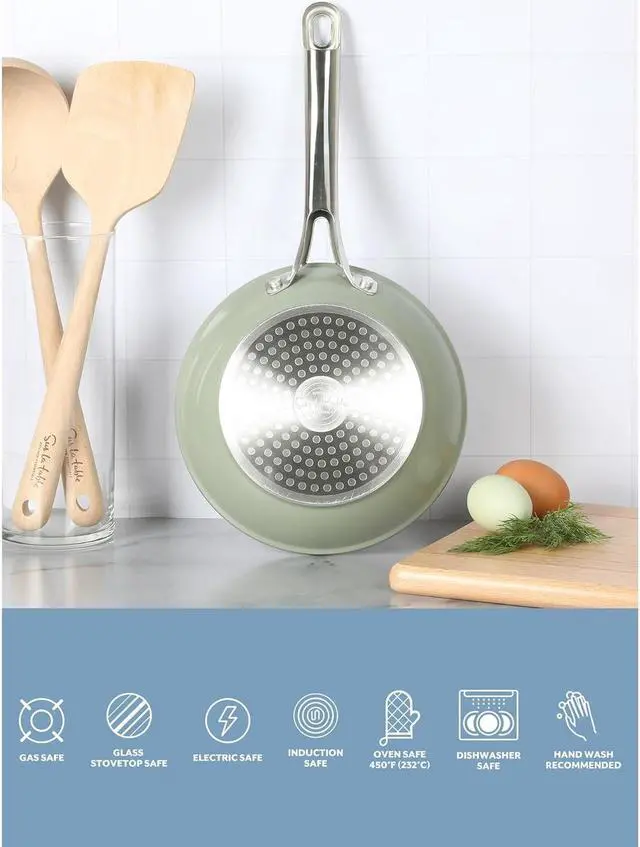 Alt view image 3 of 5 - Sur La Table Kitchen Essentials 8 Inch Fry Pan PFA Free Titanium Ceramic Nonstick Interior Forged Aluminum Cookware Frying Pan - Green - Induction Compatible