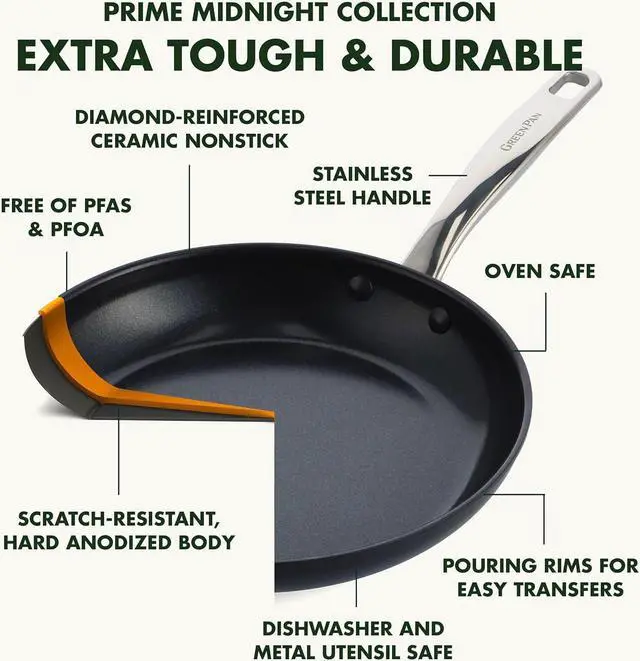 Alt view image 4 of 7 - GreenPan Chatham Black Prime Midnight Hard Anodized Healthy Ceramic Nonstick, 12" Frying Pan Skillet with Lid, PFAS-Free, Dishwasher Safe, Oven Safe, Black