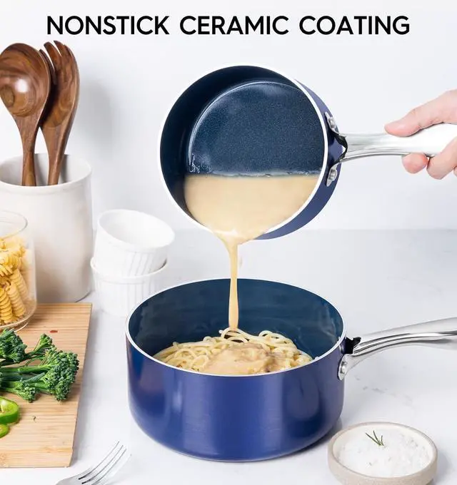 Alt view image 2 of 7 - MICHELANGELO Sauce Pan Sets, Ceramic Saucepans with Lids, 1Qt & 2Qt & 3Qt Sauce Pans with Lid, Nonstick Saucepan Set, Small Pot with Stainless Steel Handle, Oven Safe, Blue