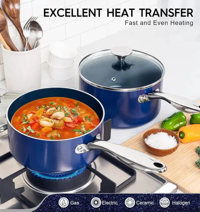Alt view image 3 of 7 - MICHELANGELO Sauce Pan Sets, Ceramic Saucepans with Lids, 1Qt & 2Qt & 3Qt Sauce Pans with Lid, Nonstick Saucepan Set, Small Pot with Stainless Steel Handle, Oven Safe, Blue
