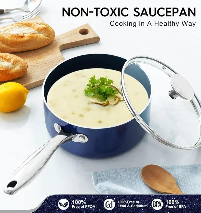Alt view image 4 of 7 - MICHELANGELO Sauce Pan Sets, Ceramic Saucepans with Lids, 1Qt & 2Qt & 3Qt Sauce Pans with Lid, Nonstick Saucepan Set, Small Pot with Stainless Steel Handle, Oven Safe, Blue