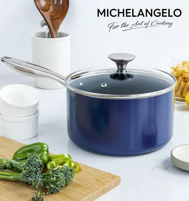 Alt view image 6 of 7 - MICHELANGELO Sauce Pan Sets, Ceramic Saucepans with Lids, 1Qt & 2Qt & 3Qt Sauce Pans with Lid, Nonstick Saucepan Set, Small Pot with Stainless Steel Handle, Oven Safe, Blue
