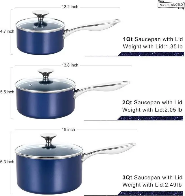 Alt view image 7 of 7 - MICHELANGELO Sauce Pan Sets, Ceramic Saucepans with Lids, 1Qt & 2Qt & 3Qt Sauce Pans with Lid, Nonstick Saucepan Set, Small Pot with Stainless Steel Handle, Oven Safe, Blue