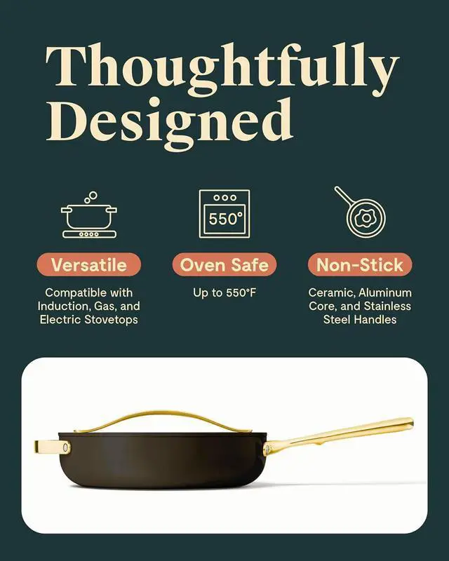 Alt view image 3 of 7 - Caraway Nonstick Ceramic Sauté Pan with Lid (4.5 qt, 11.8") - Non Toxic, PTFE & PFOA Free - Oven Safe & Compatible with All Stovetops (Gas, Electric & Induction) - Black