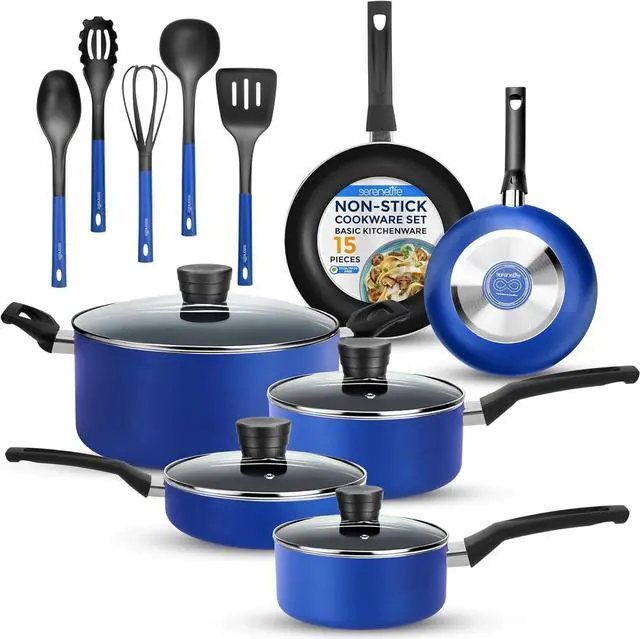 Main image of SereneLife Kitchenware Pots & Pans Basic Kitchen Cookware, Black Non-Stick Coating Inside, Heat Resistant Lacquer (15-Piece Set), One Size, Blue