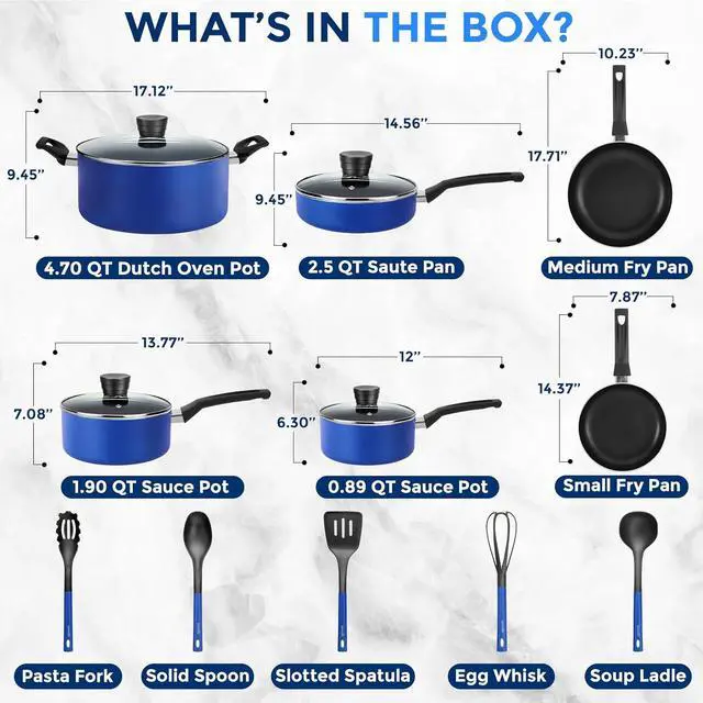 Alt view image 3 of 7 - SereneLife Kitchenware Pots & Pans Basic Kitchen Cookware, Black Non-Stick Coating Inside, Heat Resistant Lacquer (15-Piece Set), One Size, Blue