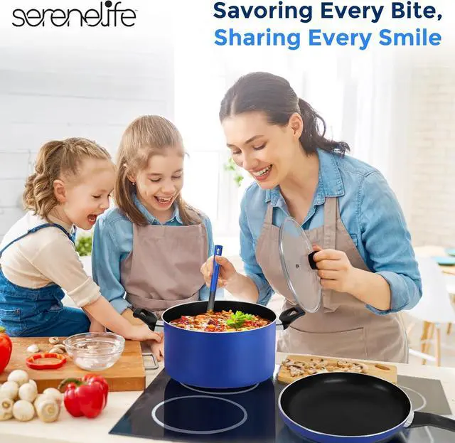 Alt view image 7 of 7 - SereneLife Kitchenware Pots & Pans Basic Kitchen Cookware, Black Non-Stick Coating Inside, Heat Resistant Lacquer (15-Piece Set), One Size, Blue