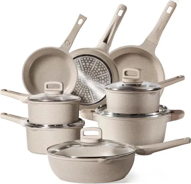 Main image of CAROTE 13pcs Taupe Kitchen Pots and Pans Set non stick, Nonstick Cookware Set, Frying pans, Kitchen Essentials, Large Capacity, Induction avaialable