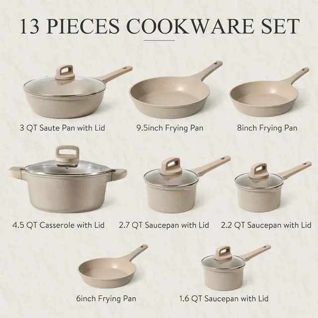 Alt view image 2 of 6 - CAROTE 13pcs Taupe Kitchen Pots and Pans Set non stick, Nonstick Cookware Set, Frying pans, Kitchen Essentials, Large Capacity, Induction avaialable