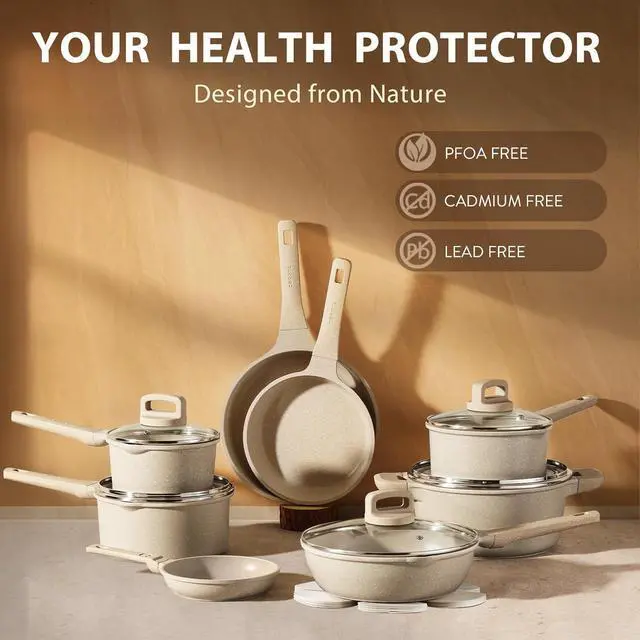 Alt view image 6 of 6 - CAROTE 13pcs Taupe Kitchen Pots and Pans Set non stick, Nonstick Cookware Set, Frying pans, Kitchen Essentials, Large Capacity, Induction avaialable