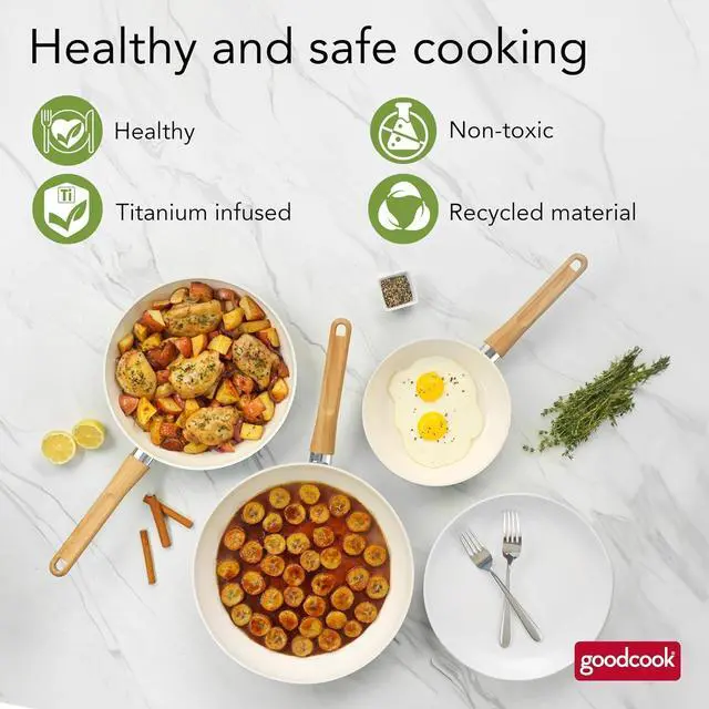 Alt view image 4 of 7 - GoodCook Healthy Ceramic Titanium-Infused 3-Piece Fry Pan Set, Light Blue Induction Cookware, Nonstick Cooking Pan, Frying Pan Skillet for Eggs, Meats, Vegetables, Sauces, Warming Tortillas