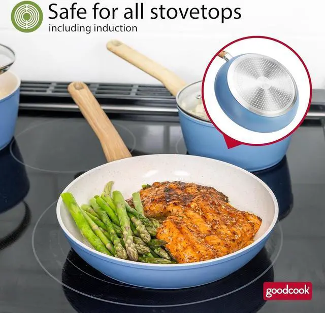 Alt view image 7 of 7 - GoodCook Healthy Ceramic Titanium-Infused 3-Piece Fry Pan Set, Light Blue Induction Cookware, Nonstick Cooking Pan, Frying Pan Skillet for Eggs, Meats, Vegetables, Sauces, Warming Tortillas