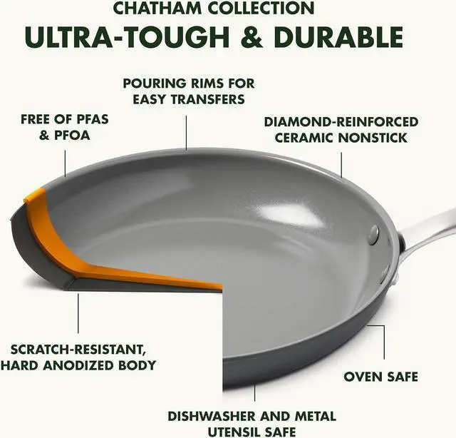 Alt view image 4 of 7 - GreenPan Chatham Hard Anodized Healthy Ceramic Nonstick, 10" and 12" Frying Pan Skillet Set, PFAS-Free, Dishwasher Safe, Oven Safe, Gray