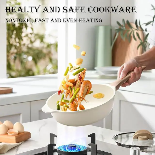 Alt view image 4 of 6 - 14 Pcs Pots and Pans Set, Nonstick Cookware Sets, Granite Induction Cookware Non Stick Cooking Set with Frying Pans, Saucepans, Saute Pan, Extra Large Casserole, PFAS PTFE PFOA PFOS Free