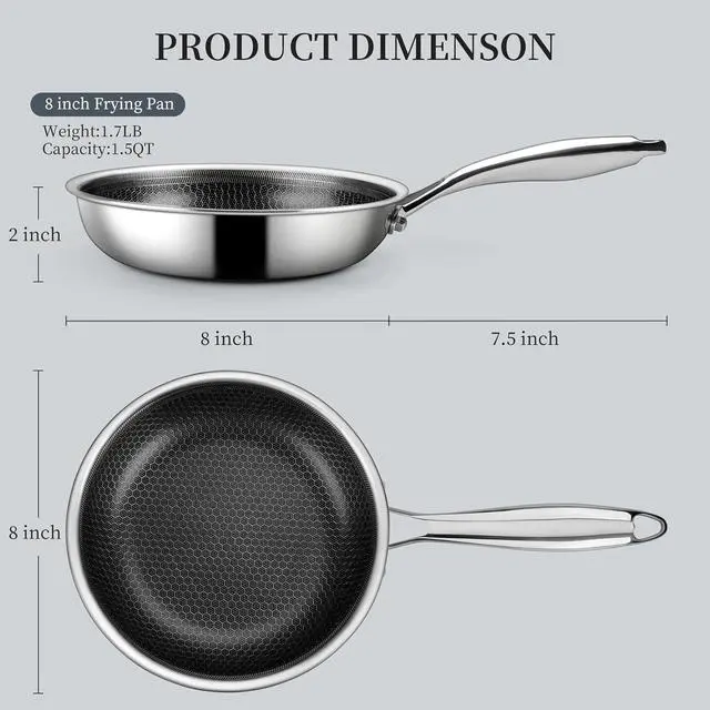 Alt view image 2 of 7 - Stainless Steel Frying Pan Nonstick Frying Pan 8 Inch Honeycomb Coatings Stainless Steel Kitchen Cooking Pan Skillet Woks Pan Egg Pans Non Toxic Healthy Omelette Pan Compatible W/All Cooktops