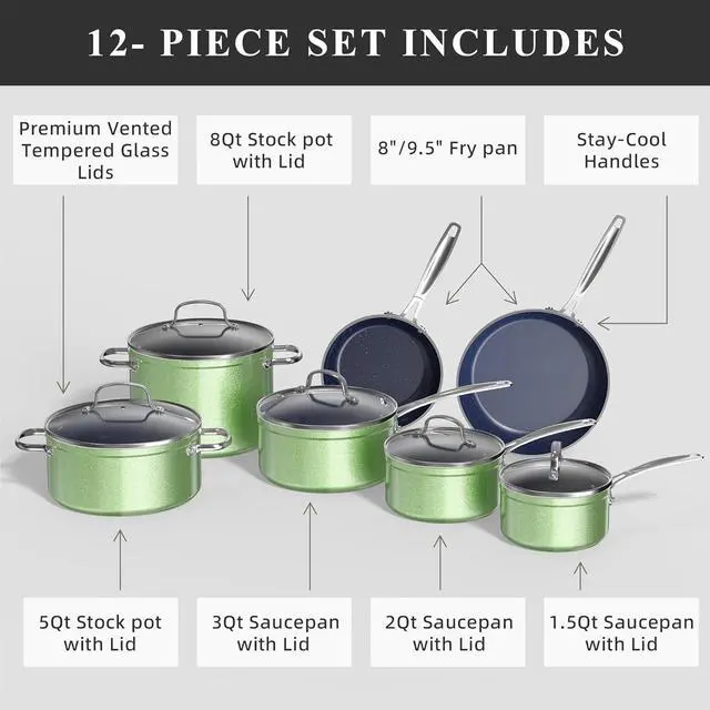 Alt view image 2 of 7 - Nuwave Healthy Duralon Blue Ceramic Nonstick Cookware Set, Diamond Infused Scratch-Resistant, PFAS Free, Dishwasher & Oven Safe, Induction Ready & Evenly Heats, Tempered Glass Lids & Stay-Cool Handles