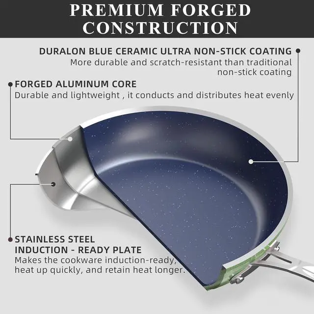 Alt view image 3 of 7 - Nuwave Healthy Duralon Blue Ceramic Nonstick Cookware Set, Diamond Infused Scratch-Resistant, PFAS Free, Dishwasher & Oven Safe, Induction Ready & Evenly Heats, Tempered Glass Lids & Stay-Cool Handles