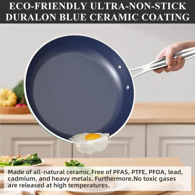 Alt view image 6 of 7 - Nuwave Healthy Duralon Blue Ceramic Nonstick Cookware Set, Diamond Infused Scratch-Resistant, PFAS Free, Dishwasher & Oven Safe, Induction Ready & Evenly Heats, Tempered Glass Lids & Stay-Cool Handles