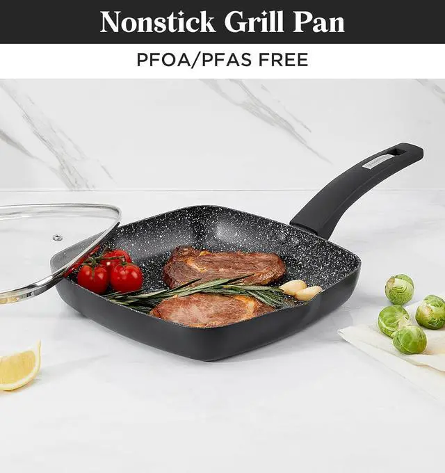 Alt view image 2 of 7 - KOCH SYSTEME CS 9.5 Inch Nonstick Grill Pan for Stove Tops, Marble Coating Square Grill Skillet with Lid, Fry Pan Compatible with all Stoves, Ultimate Nonstick Skillet with Bakelite Handle, Toxic-Free