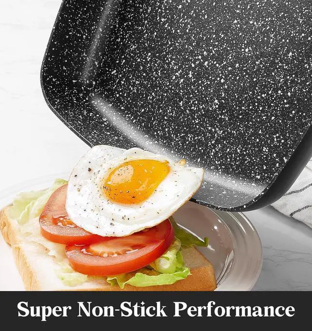 Alt view image 3 of 7 - KOCH SYSTEME CS 9.5 Inch Nonstick Grill Pan for Stove Tops, Marble Coating Square Grill Skillet with Lid, Fry Pan Compatible with all Stoves, Ultimate Nonstick Skillet with Bakelite Handle, Toxic-Free