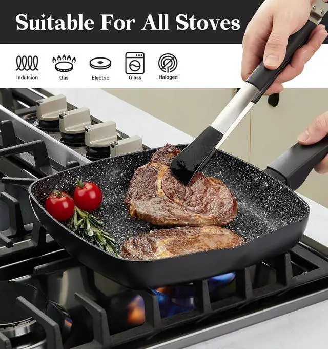 Alt view image 4 of 7 - KOCH SYSTEME CS 9.5 Inch Nonstick Grill Pan for Stove Tops, Marble Coating Square Grill Skillet with Lid, Fry Pan Compatible with all Stoves, Ultimate Nonstick Skillet with Bakelite Handle, Toxic-Free