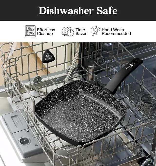 Alt view image 5 of 7 - KOCH SYSTEME CS 9.5 Inch Nonstick Grill Pan for Stove Tops, Marble Coating Square Grill Skillet with Lid, Fry Pan Compatible with all Stoves, Ultimate Nonstick Skillet with Bakelite Handle, Toxic-Free