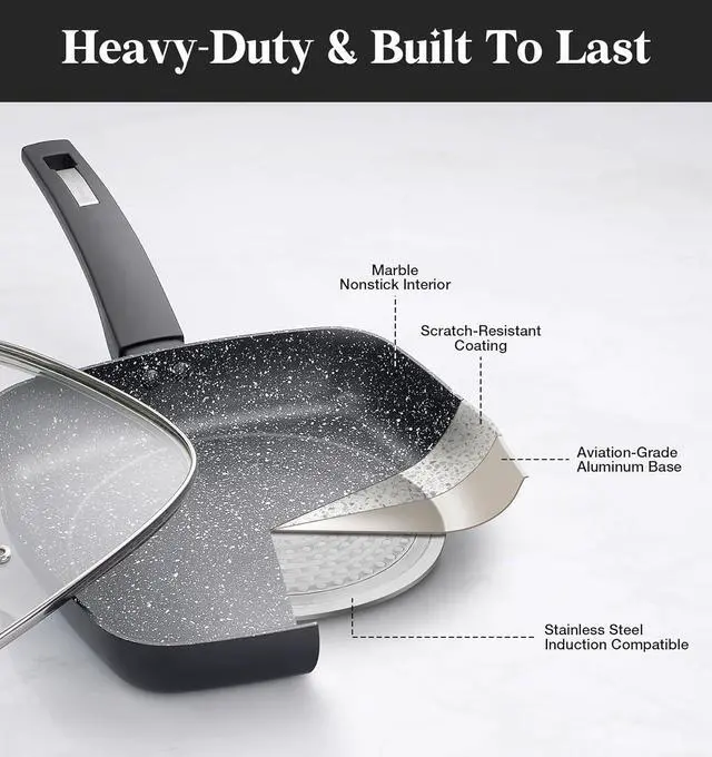 Alt view image 6 of 7 - KOCH SYSTEME CS 9.5 Inch Nonstick Grill Pan for Stove Tops, Marble Coating Square Grill Skillet with Lid, Fry Pan Compatible with all Stoves, Ultimate Nonstick Skillet with Bakelite Handle, Toxic-Free