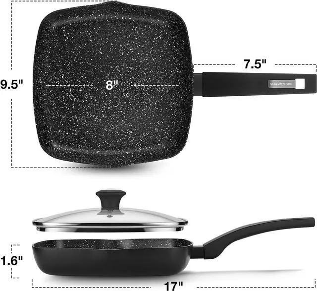 Alt view image 7 of 7 - KOCH SYSTEME CS 9.5 Inch Nonstick Grill Pan for Stove Tops, Marble Coating Square Grill Skillet with Lid, Fry Pan Compatible with all Stoves, Ultimate Nonstick Skillet with Bakelite Handle, Toxic-Free