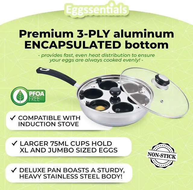 Alt view image 5 of 7 - Eggssentials Egg Poacher Pan Nonstick Poached Egg Maker, Stainless Steel Egg Poaching Pan, Poached Eggs Cooker Food Grade Safe PFOA Free with Spatula, Egg Poachers Cookware
