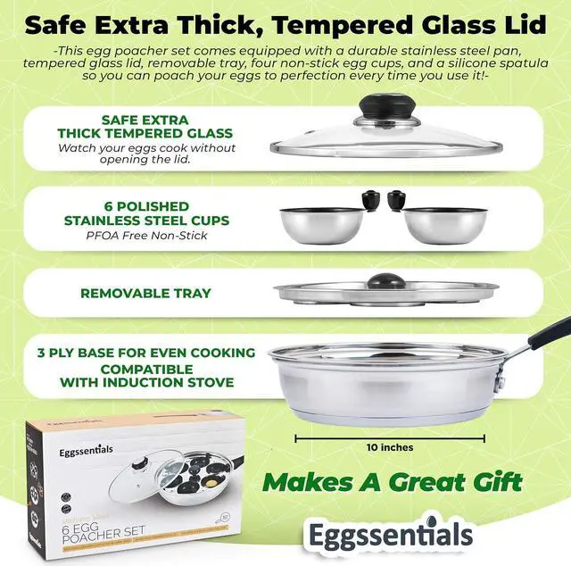 Alt view image 6 of 7 - Eggssentials Egg Poacher Pan Nonstick Poached Egg Maker, Stainless Steel Egg Poaching Pan, Poached Eggs Cooker Food Grade Safe PFOA Free with Spatula, Egg Poachers Cookware