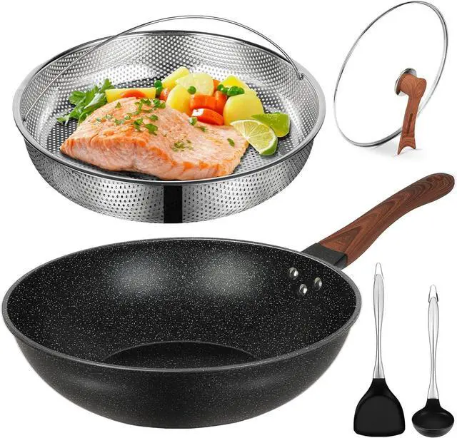 Main image of AOSION 13'' Nonstick Wok, Woks & Stir-Fry Pans Non Stick Wok with Lid and Steamer Basket Spatula Ladle, 100% PFOA Free Induction Wok Pan for Electric, Gas, Halogen, All Stoves