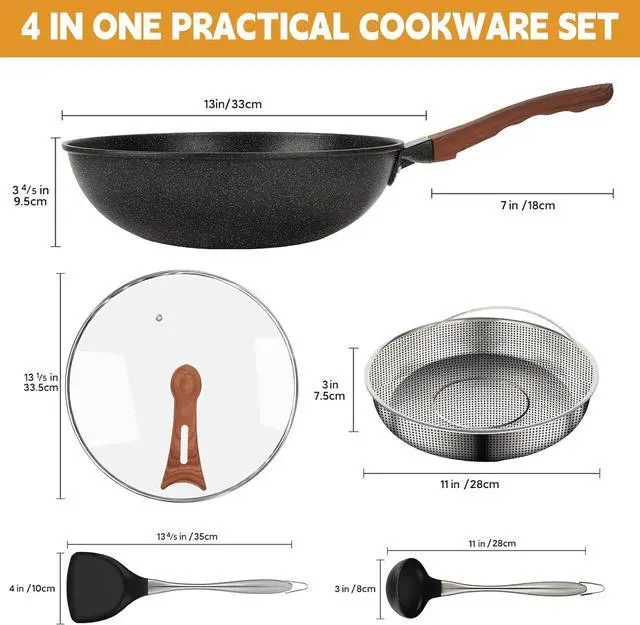 Alt view image 2 of 6 - AOSION 13'' Nonstick Wok, Woks & Stir-Fry Pans Non Stick Wok with Lid and Steamer Basket Spatula Ladle, 100% PFOA Free Induction Wok Pan for Electric, Gas, Halogen, All Stoves