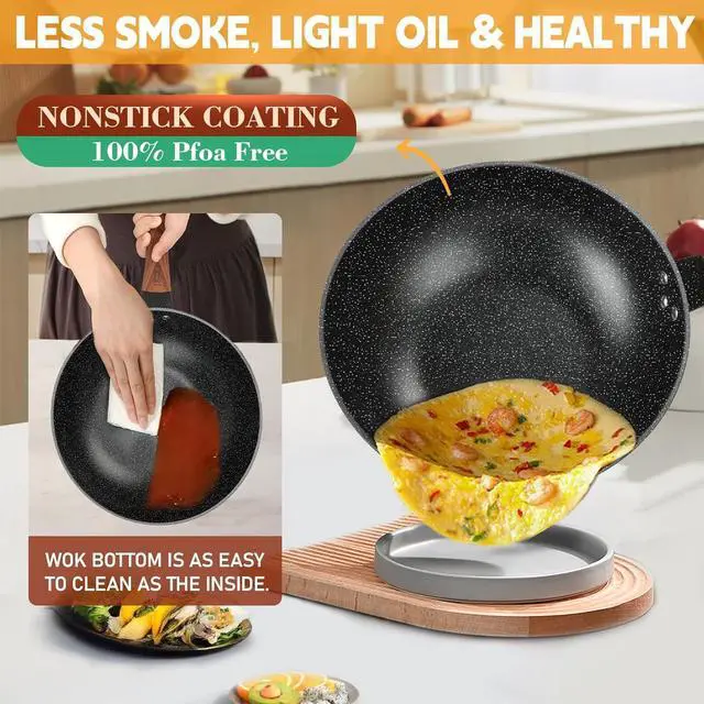 Alt view image 3 of 6 - AOSION 13'' Nonstick Wok, Woks & Stir-Fry Pans Non Stick Wok with Lid and Steamer Basket Spatula Ladle, 100% PFOA Free Induction Wok Pan for Electric, Gas, Halogen, All Stoves