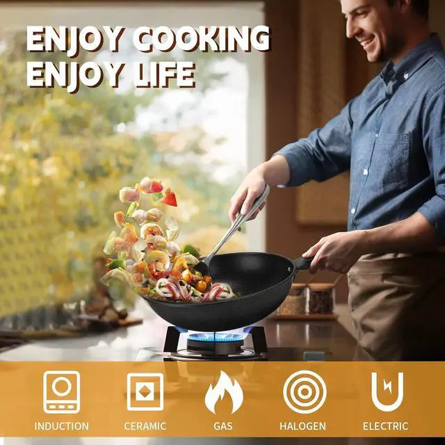 Alt view image 4 of 6 - AOSION 13'' Nonstick Wok, Woks & Stir-Fry Pans Non Stick Wok with Lid and Steamer Basket Spatula Ladle, 100% PFOA Free Induction Wok Pan for Electric, Gas, Halogen, All Stoves