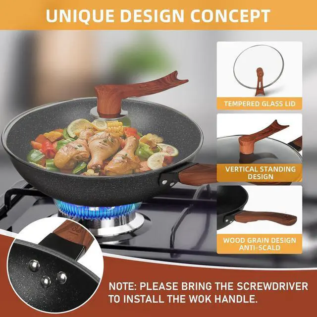 Alt view image 6 of 6 - AOSION 13'' Nonstick Wok, Woks & Stir-Fry Pans Non Stick Wok with Lid and Steamer Basket Spatula Ladle, 100% PFOA Free Induction Wok Pan for Electric, Gas, Halogen, All Stoves