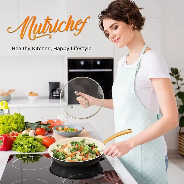 Alt view image 2 of 6 - NutriChef 12-Inch Professional Ceramic Frying Pan With Lid - Large Skillet with Golden Titanium Handle, Non-Stick Ceramic Coating, Stain-Resistant, Easy to Clean, Ideal for Home Cooking