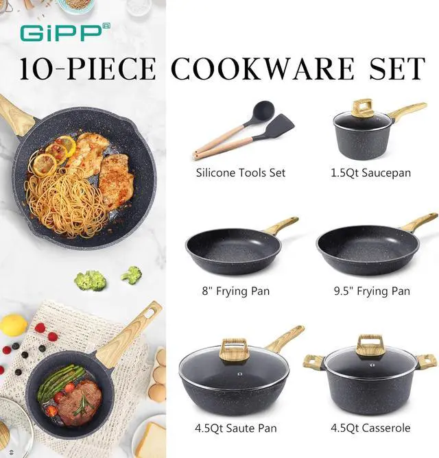 Alt view image 2 of 7 - GiPP Pots and Pans Set Non Stick - 10 Pcs White Granite Kitchen Cookware Sets Nonstick Induction Cookware Cooking Pan Set with Frying Pans, Saucepans and Silicone Utensils, PFOS & PFOA Free, Gray